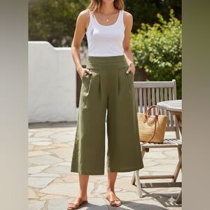 High Waisted Wide Leg Linen Blend Culottes in Olive Green - Small